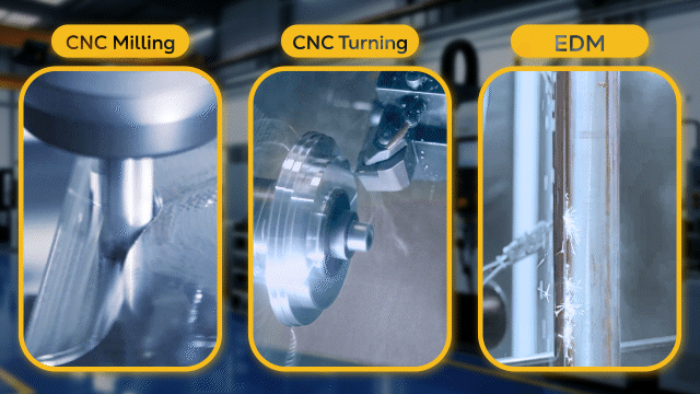CNC milling, CNC turning, and EDM machining processes in custom manufacturing