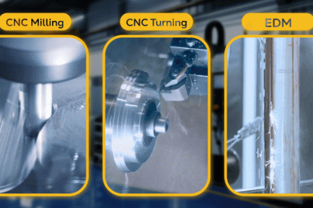 CNC milling, CNC turning, and EDM machining processes in custom manufacturing
